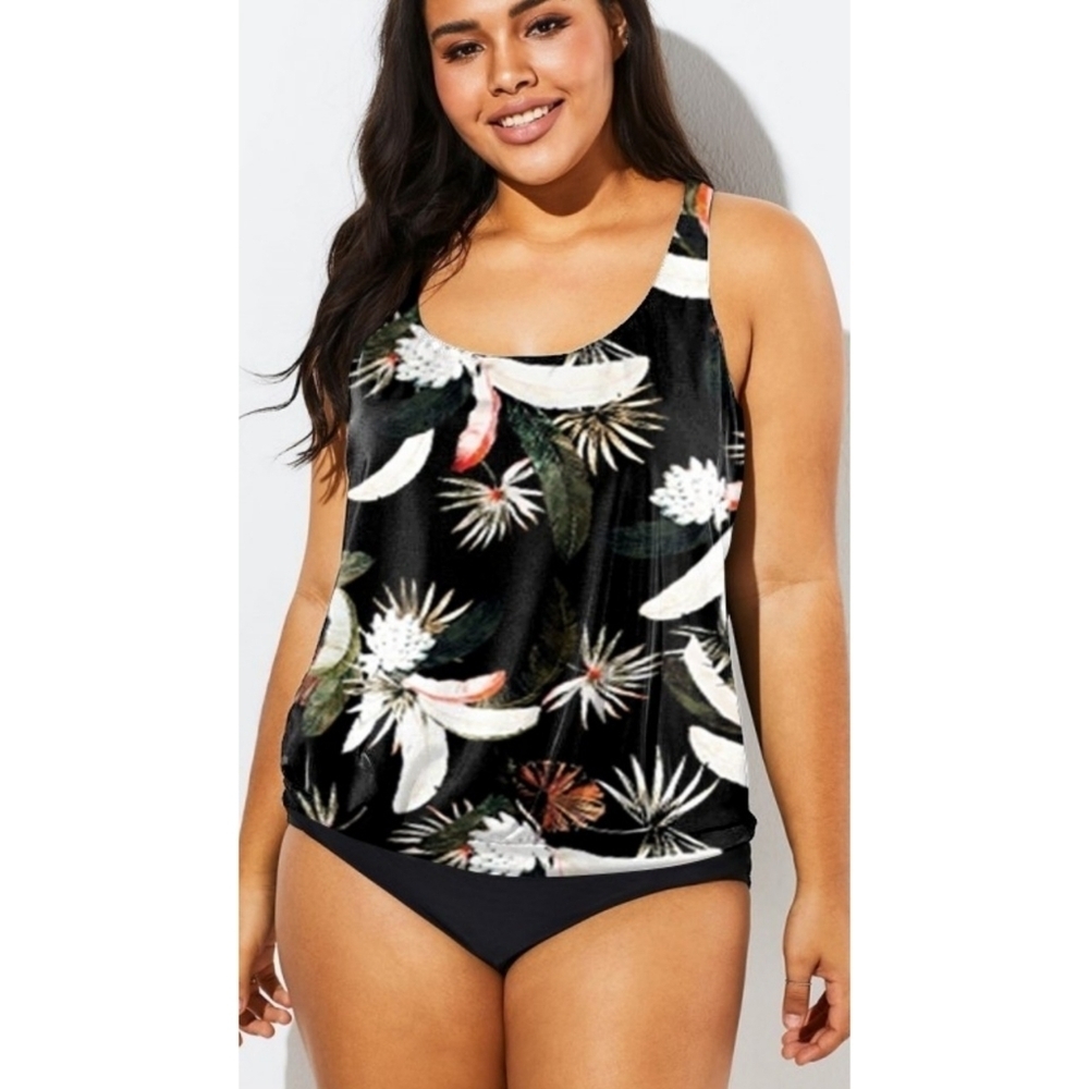 Meet.Curve Floral Racerback Tankini Top Black Size L